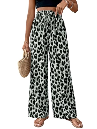 SweatyRocks Lockere Hosen Damen Elegant Weite Hose Leo Hose Weites Bein Damenhose Mit Gummizug Plissee Hosen Lang Strandhose Grau S von SweatyRocks