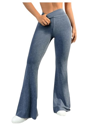 SweatyRocks Damen Yogahose Lang Mit Taschen Schlaghose Stretch Hose Mit Hoher Taille Workout Hose Mit Breitem Bund Freizeithosen Blau L von SweatyRocks