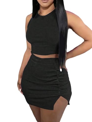 SweatyRocks Damen Zweiteiler Crop Top und Rock mit Schlitz 2 Teiliges Set Rundkragen Tank Tops Hohe Taille Minirock Gerafft Sets Sommer Outfits Schwarz L SweatyRocks Damen Zweiteiler Crop Top und Rock mit Schlitz 2 Teiliges Set Rundkragen Tank Tops Hohe Taille Minirock Gerafft Sets Sommer Outfits Schwarz L von SweatyRocks
