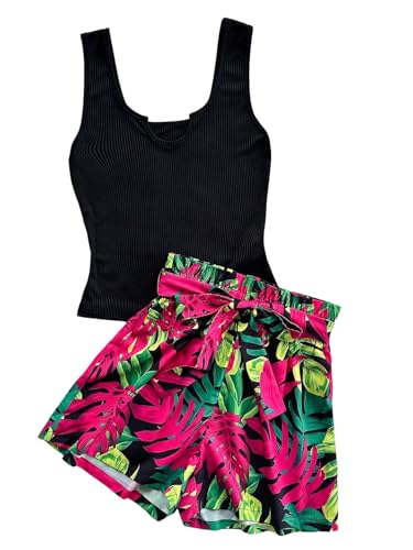 SweatyRocks Damen Zweiteiler Freizeitanzug Crop Tank Top Tropisch Shorts mit Gürtel 2 Stücke Set Ärmelloses Sommertop Kurze Hose Casualanzug Schwarz und Rosa M SweatyRocks Damen Zweiteiler Freizeitanzug Crop Tank Top Tropisch Shorts mit Gürtel 2 Stücke Set Ärmelloses Sommertop Kurze Hose Casualanzug Schwarz und Rosa M von SweatyRocks