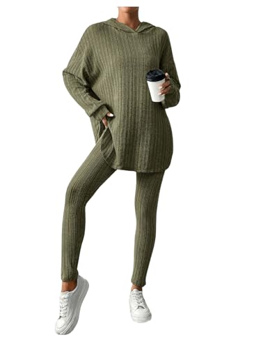 SweatyRocks Damen Zweiteiler Jogginganzug Rippenstrick Set Langarm Sweatshirt Kapuzenpullover Strick Hosen Set Casual Outfit Armeegrün XS von SweatyRocks