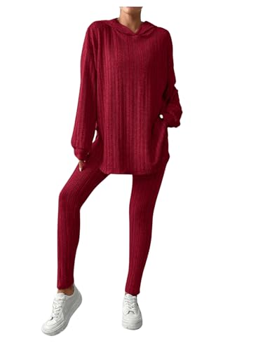 SweatyRocks Damen Zweiteiler Jogginganzug Rippenstrick Set Langarm Sweatshirt Kapuzenpullover Strick Hosen Set Casual Outfit Bordeaux M von SweatyRocks