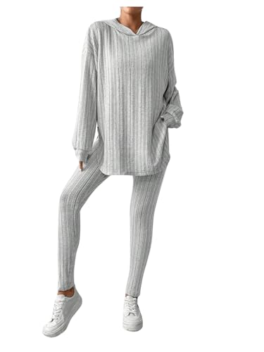 SweatyRocks Damen Zweiteiler Jogginganzug Rippenstrick Set Langarm Sweatshirt Kapuzenpullover Strick Hosen Set Casual Outfit Hellgrau XL von SweatyRocks