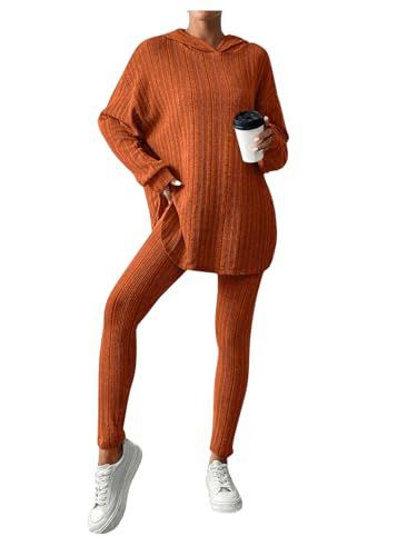 SweatyRocks Damen Zweiteiler Jogginganzug Rippenstrick Set Langarm Sweatshirt Kapuzenpullover Strick Hosen Set Casual Outfit Rostbraun XL von SweatyRocks