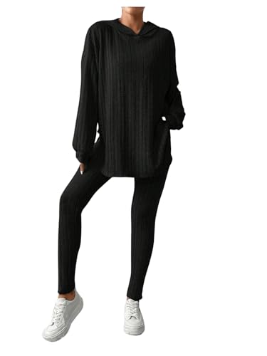SweatyRocks Damen Zweiteiler Jogginganzug Rippenstrick Set Langarm Sweatshirt Kapuzenpullover Strick Hosen Set Casual Outfit Schwarz XS von SweatyRocks