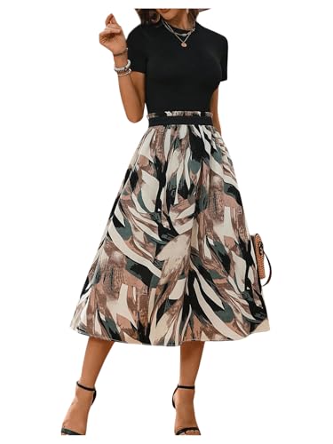 SweatyRocks Damen Zweiteiler T-Shirt und Rock Set 2 Piece Rundhals Kurzarm Tops Midiröcke mit Blumen Muster Kombi Zweiteilerset mit Gürtel Grün M von SweatyRocks