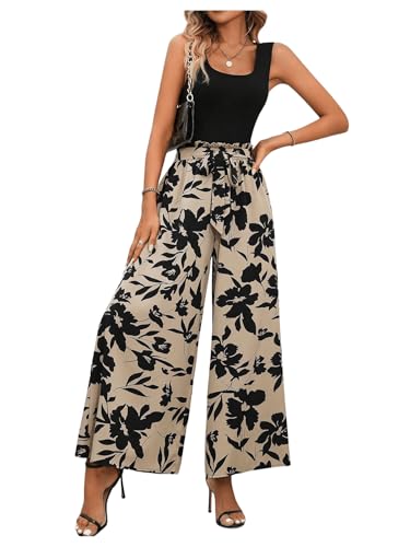 SweatyRocks Damen Zweiteiler Tank Top und Hosen Set 2 Piece U-Ausschnitt Tops Weiten Beine Hose mit Blumen Muster Kombi Zweiteilerset mit Gürtel Schwarz XL SweatyRocks Damen Zweiteiler Tank Top und Hosen Set 2 Piece U-Ausschnitt Tops Weiten Beine Hose mit Blumen Muster Kombi Zweiteilerset mit Gürtel Schwarz XL von SweatyRocks