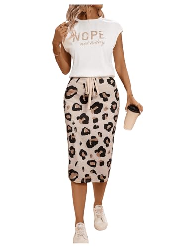 SweatyRocks Damen Zweiteiler Top und Rock 2 Teiler Set Tshirt mit Buchstaben Bodycon Midirock mit Knoten Freizeitanzug Mokka Braun L von SweatyRocks