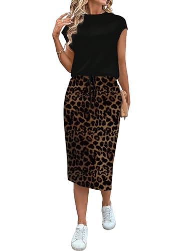 SweatyRocks Damen Zweiteiler Top und Rock 2 Teiler Set Tshirt mit Buchstaben Bodycon Midirock mit Knoten Freizeitanzug Schokoladenbraun XL von SweatyRocks