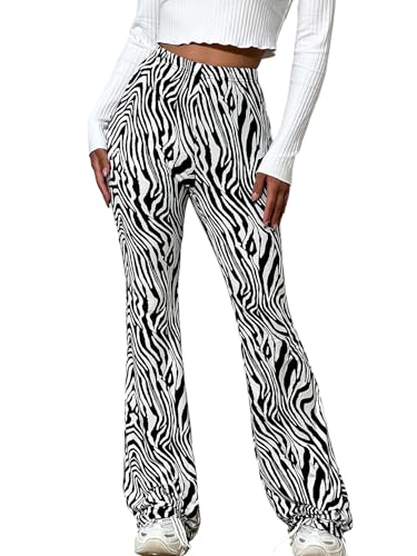 SweatyRocks Elegante Schlaghose Damen Zebra Hose Festival Damenhose Mit Gummizug Freizeithose Stretch Hose Gestreift Leggings Schwarz und Weiß L von SweatyRocks