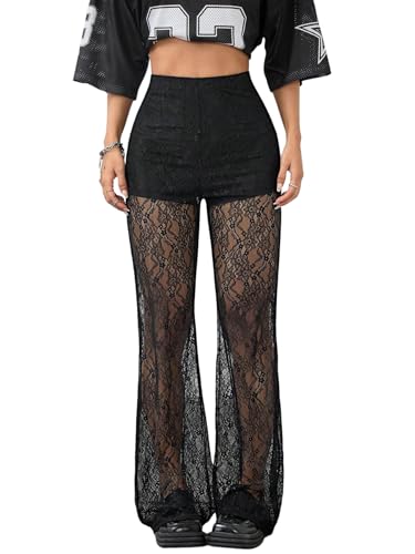 SweatyRocks Festival Hose Damen Lang Spitzenhose Elegant Schlaghose Durchsichtige Hose Mit Spitze Transparent Festival Outfit Y2k Freizeithose Schwarz S von SweatyRocks