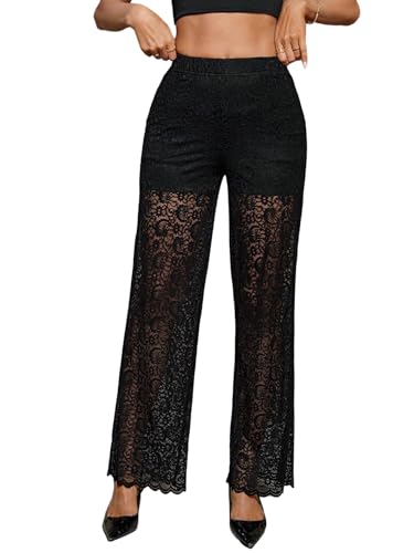SweatyRocks Festival Hose Damen Lang Spitzenhose Transparent Rave Outfit Sexy Durchsichtige Hose Mit Spitze Damenhosen Leicht Und Luftig Partyhosen Schwarz S von SweatyRocks
