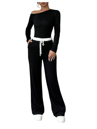 SweatyRocks Freizeitanzug Damen Set Modern Zweiteiler Jogginganzug Tshirt Und Hose Set 2 Teiler Elegant Langarm Set Schwarz M von SweatyRocks