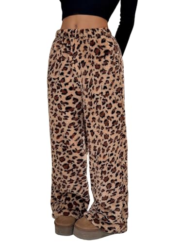 SweatyRocks Gefütterte Hose Damen Leo Print Winterhose Plüsch Y2k Lockere Hosen Leo Baggy Hose Damenhose Mit Gummizug Haushose Freizeithose Leoparden XS von SweatyRocks
