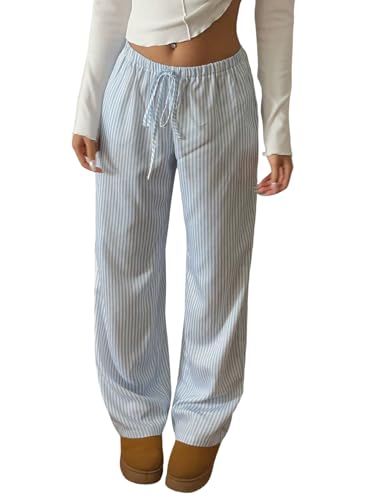SweatyRocks Gestreifte Hose Damen Blau Weiß Weite Sommerhose Mit Taschen Weites Bein Damenhose Mit Gummizug Sommer Hosen Locker Haushose Blau und Weiß L von SweatyRocks