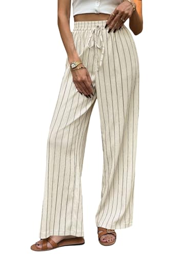 SweatyRocks Gestreifte Hose Damen Sommer Weite Hose Elegant Sommerhose Leicht Lockere Freizeithose Mit Gummizug Strandhose Business Outfit Beige L von SweatyRocks