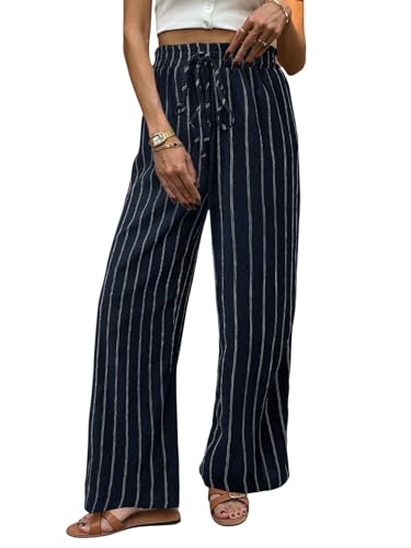 SweatyRocks Gestreifte Hose Damen Sommer Weite Hose Elegant Sommerhose Leicht Lockere Freizeithose Mit Gummizug Strandhose Business Outfit Dunkelblau L von SweatyRocks