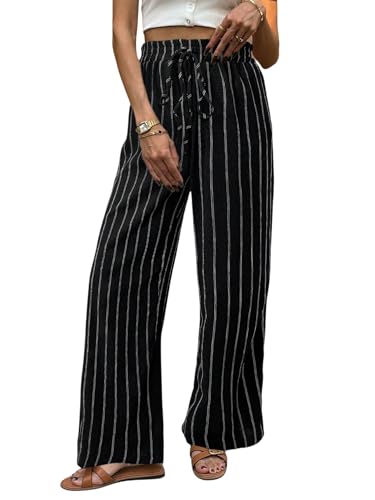 SweatyRocks Gestreifte Hose Damen Sommer Weite Hose Elegant Sommerhose Leicht Lockere Freizeithose Mit Gummizug Strandhose Business Outfit Schwarz XL von SweatyRocks