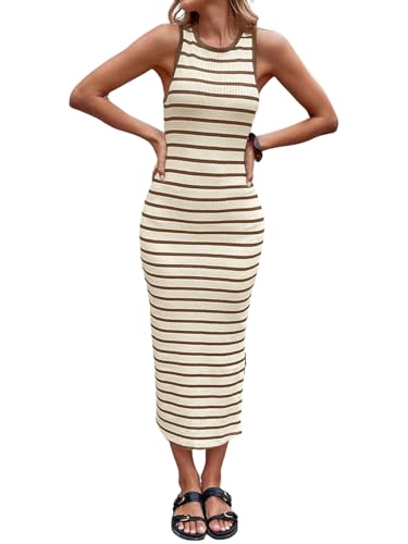SweatyRocks Gestreiftes Kleid Damen Lang Etuikleid Elegant Maxikleid Mit Schlitz Sommerkleid Strandkleid Bodycon Tank Kleid Waffel Strickkleid Khaki M von SweatyRocks