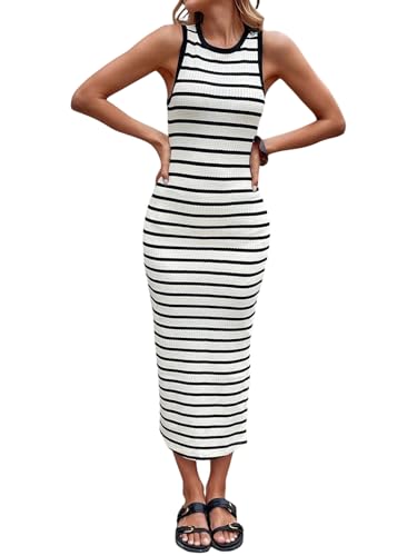 SweatyRocks Gestreiftes Kleid Damen Lang Etuikleid Elegant Maxikleid Mit Schlitz Sommerkleid Strandkleid Bodycon Tank Kleid Waffel Strickkleid Schwarz und Weiß L von SweatyRocks