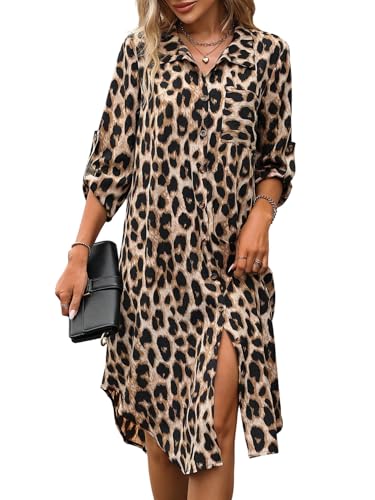 SweatyRocks Hemdblusenkleid Damen Langarm Knielang Elegantes Leoparden Kleid Blusenkleid Herbstkleid Langes Leo Kleid Tunikakleid Mit Tasche Leoparden XL von SweatyRocks