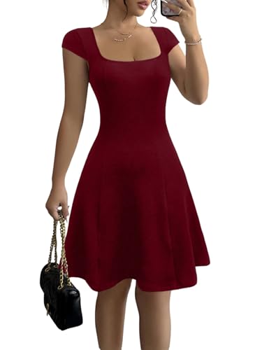 SweatyRocks Hochzeitsgast Kleid Damen Kurz Minikleid Sommer Elegant Kleid Mit Eckigem Ausschnitt Sommerkleid A Linie Partykleid Freizeitkleid Bordeaux XL von SweatyRocks