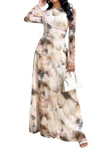 SweatyRocks Hochzeitsgast Kleid Damen Lang Maxikleider Abendkleider Elegant Langarm Kleid A Linie Herbstkleid Winterkleider Mit Batik Beige XL von SweatyRocks