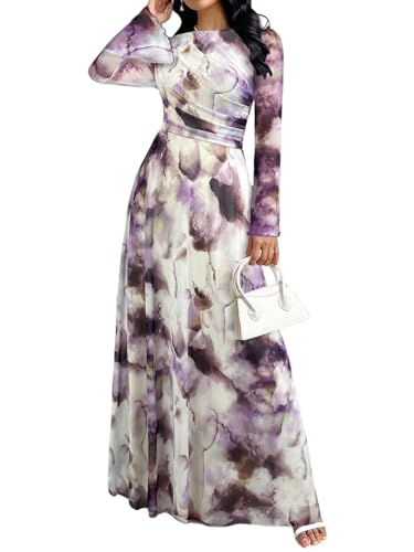 SweatyRocks Hochzeitsgast Kleid Damen Lang Maxikleider Abendkleider Elegant Langarm Kleid A Linie Herbstkleid Winterkleider Mit Batik Violett XL von SweatyRocks