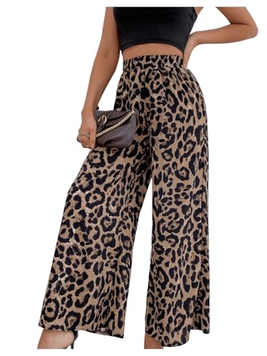 SweatyRocks Hose Damen Weites Bein Elegant Leo Hose Lockere Hosen Freizeithose Braune Hose Damenhose Mit Gummizug Wide Leg Hose Sommerhose Leo L von SweatyRocks