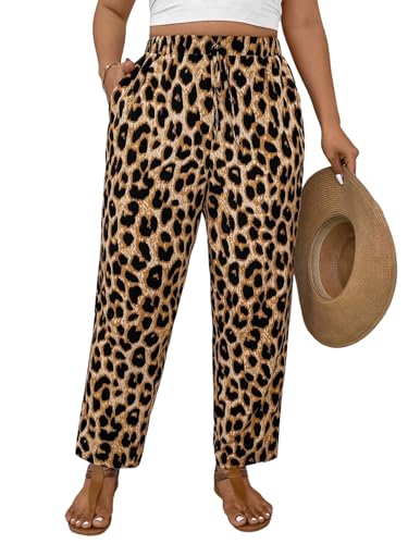 SweatyRocks Hose Leoprint Damen Sommerhosen Große Größen Leo Hose Mit Tasche Damenhose Weites Bein Freizeithose Mit Gummizug Lockere Hosen Braun 1XL von SweatyRocks