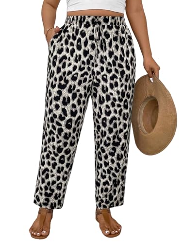SweatyRocks Hose Leoprint Damen Sommerhosen Große Größen Leo Hose Mit Tasche Damenhose Weites Bein Freizeithose Mit Gummizug Lockere Hosen Grau 2XL von SweatyRocks