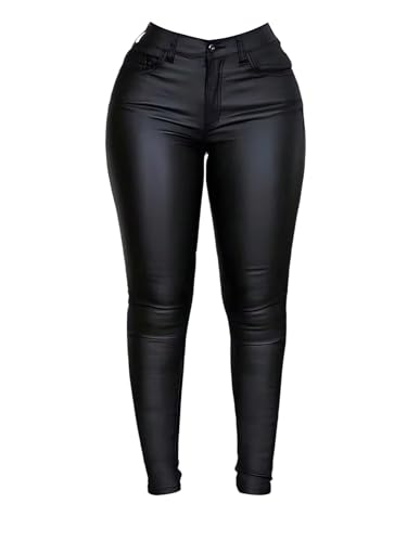 SweatyRocks Hosen Damen Elegant Skinny Hose Hohe Taille Lederhose mit Taschen Legging mit Reiverschluss Thermal Futter Damenhosen Schwarz M von SweatyRocks