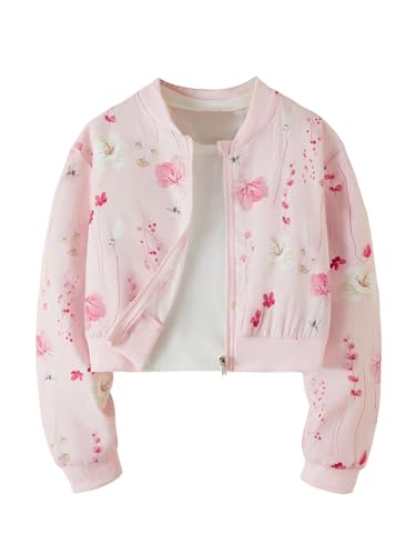 SweatyRocks Jacke Mädchen Kurze Bomberjacke mit Blumenmuster Langarm Baseballjacke Blouson mit Reißverschluss Lässig Casualjacke Herbst Outfit Rosa 8 Jahre von SweatyRocks