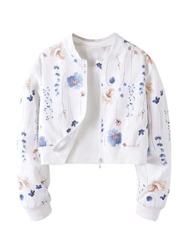 SweatyRocks Jacke Mädchen Kurze Bomberjacke mit Blumenmuster Langarm Baseballjacke Blouson mit Reißverschluss Lässig Casualjacke Herbst Outfit Weiß 11 Jahre von SweatyRocks