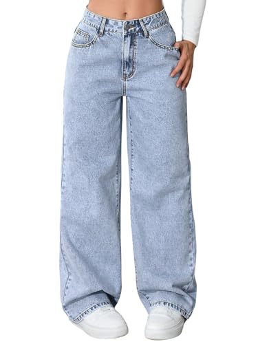 SweatyRocks Jeans Damen Elegant Damenjeans Hohe Taille Denimjeans mit Reißverschluss Weit Bein Hosen mit Taschen Jeanshosen mit Taschen Blau L von SweatyRocks