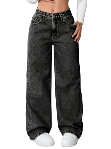 SweatyRocks Jeans Damen Elegant Damenjeans Hohe Taille Denimjeans mit Reißverschluss Weit Bein Hosen mit Taschen Jeanshosen mit Taschen Schwarz S von SweatyRocks