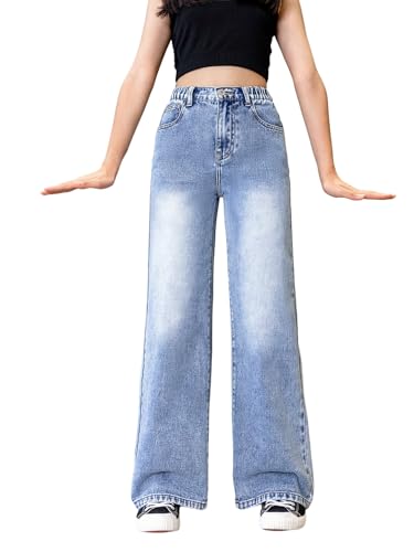 SweatyRocks Jeans Mädchen Hohe Taille Jeanshose mit Taschen Elastischer Bund Hose Weites Bein Denimjeans mit Reißverschluss Bequem Hosen Hellblau 11 Jahre von SweatyRocks