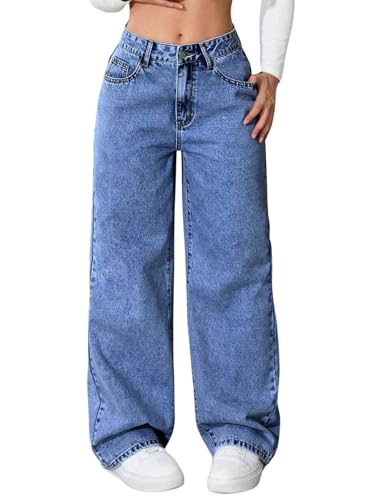 SweatyRocks Jeans Mädchen Hohe Taille Jeanshose mit Taschen Weit Bein Jeans mit Reißverschluss Denimjeans mit Knopf Lässig Hosen Dunkelblau 14 Jahre von SweatyRocks