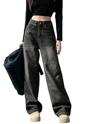 SweatyRocks Jeans Mädchen Hohe Taille Jeanshose mit Taschen Weit Bein Jeans mit Reißverschluss Denimjeans mit Knopf Lässig Hosen Schwarz 15 Jahre von SweatyRocks
