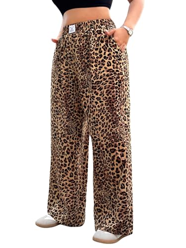 SweatyRocks Jogginghose Baggy Damen Große Größen Leoprint Lockere Hosen Damen Leo Hose Sommerhose Mit Tasche Damenhose Weites Bein Y2k Hosen Braun 3XL von SweatyRocks