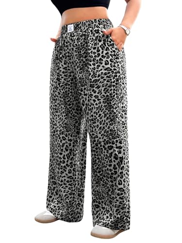 SweatyRocks Jogginghose Baggy Damen Große Größen Leoprint Lockere Hosen Damen Leo Hose Sommerhose Mit Tasche Damenhose Weites Bein Y2k Hosen Grau 3XL von SweatyRocks