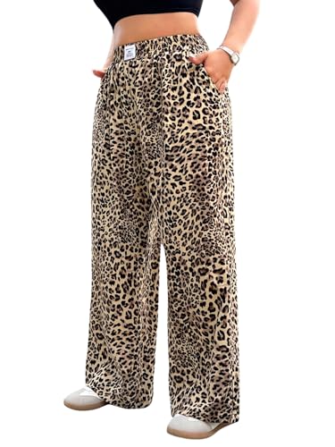 SweatyRocks Jogginghose Baggy Damen Große Größen Leoprint Lockere Hosen Damen Leo Hose Sommerhose Mit Tasche Damenhose Weites Bein Y2k Hosen Leoparden 1XL von SweatyRocks