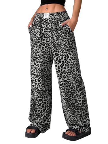 SweatyRocks Jogginghose Damen Baggy Y2k Leo Hose Mit Tasche Sweathose Weites Bein Leo Print Lockere Hose Damenhose Mit Gummizug Freizeithose Grau L von SweatyRocks
