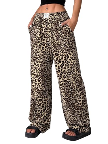 SweatyRocks Jogginghose Damen Baggy Y2k Leo Hose Mit Tasche Sweathose Weites Bein Leo Print Lockere Hose Damenhose Mit Gummizug Freizeithose Khaki L von SweatyRocks