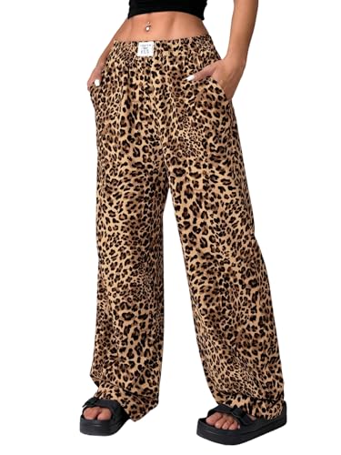 SweatyRocks Jogginghose Damen Baggy Y2k Leo Hose Mit Tasche Sweathose Weites Bein Leo Print Lockere Hose Damenhose Mit Gummizug Freizeithose Leoparden S von SweatyRocks