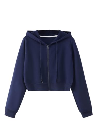 SweatyRocks Kapuzenjacke Damen Crop Hoodie Kapuzenpullover Bauchfreies Sweatshirt Pullover Mit Kapuze Marineblau, L von SweatyRocks