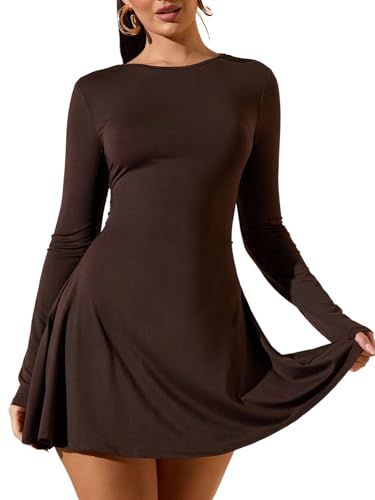 SweatyRocks Kleid Damen Elegant A Linie Langarm Minikleid Hohe Taille Partykleid Einfarbig Casual Kleider Kurzes Freizeitkleid Herbst Outfit Braun S von SweatyRocks
