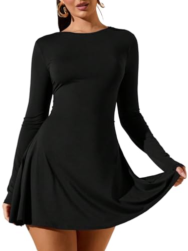 SweatyRocks Kleid Damen Elegant A Linie Langarm Minikleid Hohe Taille Partykleid Einfarbig Casual Kleider Kurzes Freizeitkleid Herbst Outfit Schwarz L von SweatyRocks
