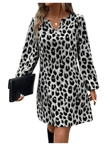 SweatyRocks Kleid Damen Elegant Langarm Blusenkleid Herbst Tunika Kleid Leo Kleid Winter Minikleid Leoparden Kleid Kurz Pullover Kleid Grau S von SweatyRocks