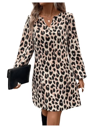 SweatyRocks Kleid Damen Elegant Langarm Blusenkleid Herbst Tunika Kleid Leo Kleid Winter Minikleid Leoparden Kleid Kurz Pullover Kleid Khaki M von SweatyRocks